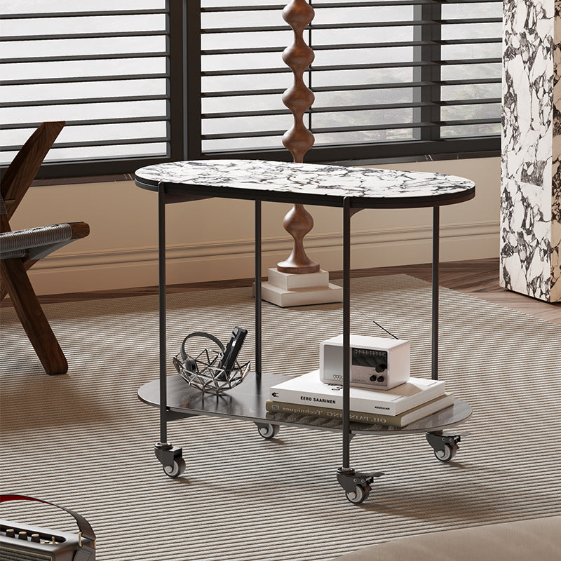 Contemporary Oval Marble Steel Caster Side Table