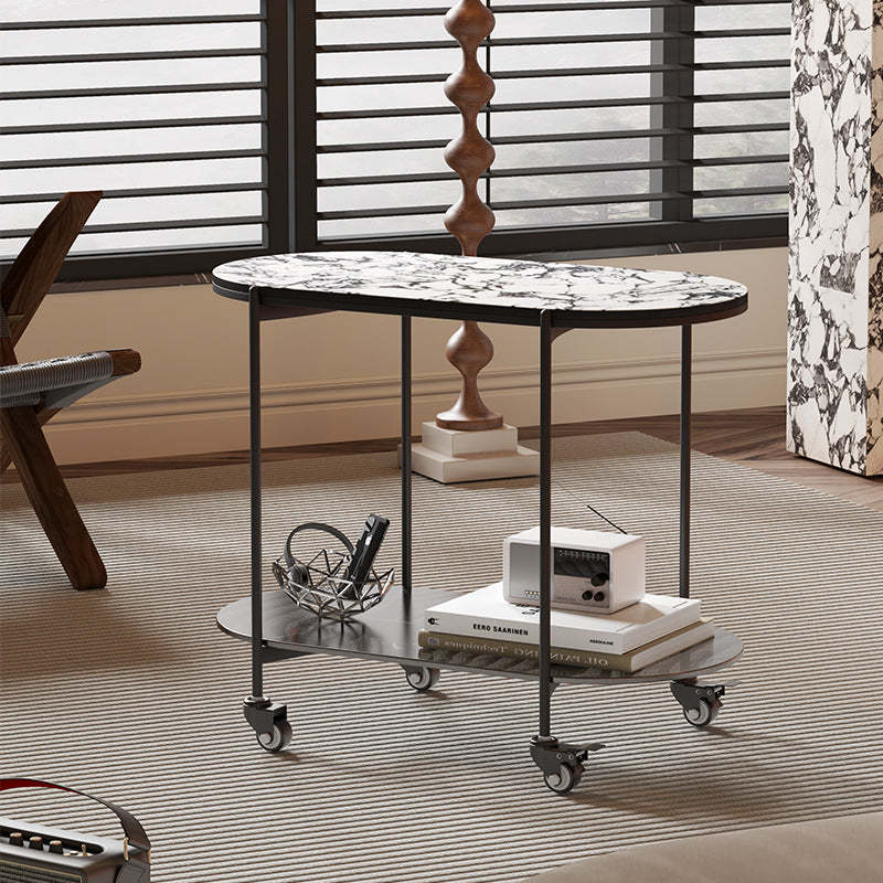Contemporary Oval Marble Steel Caster Side Table