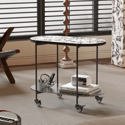 Contemporary Oval Marble Steel Caster Side Table