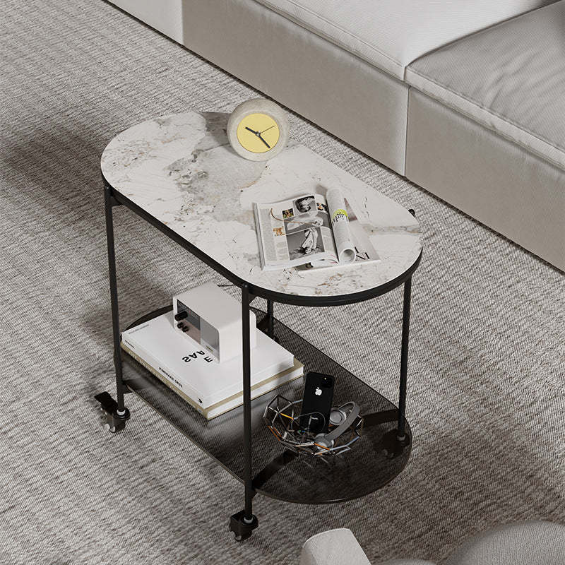 Contemporary Oval Marble Steel Caster Side Table