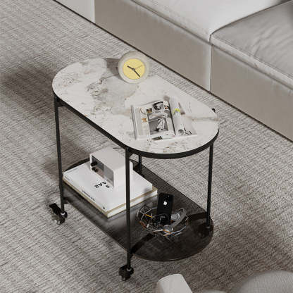 Contemporary Oval Marble Steel Caster Side Table