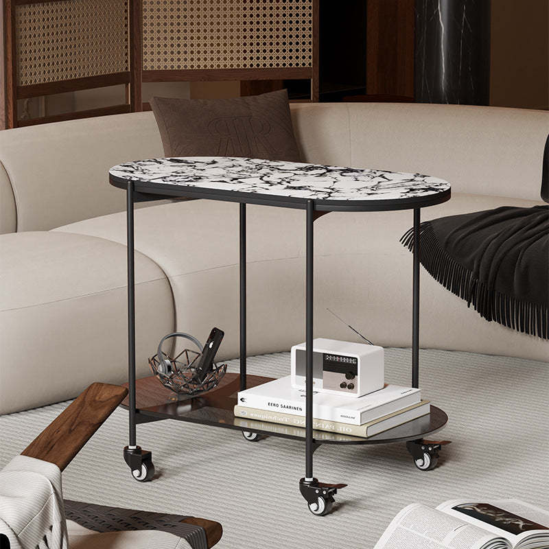 Contemporary Oval Marble Steel Caster Side Table