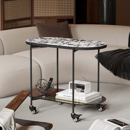 Contemporary Oval Marble Steel Caster Side Table
