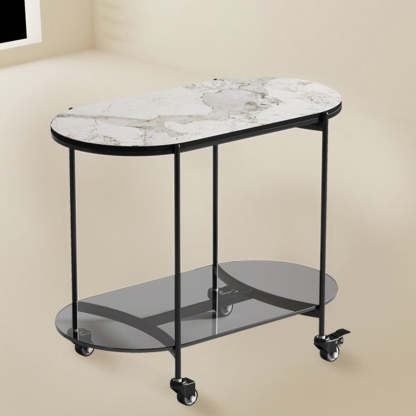 Contemporary Oval Marble Steel Caster Side Table