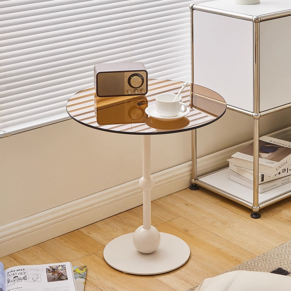 Nordic Glass Top Steel Base End Table — White Table Top + White Iron Base