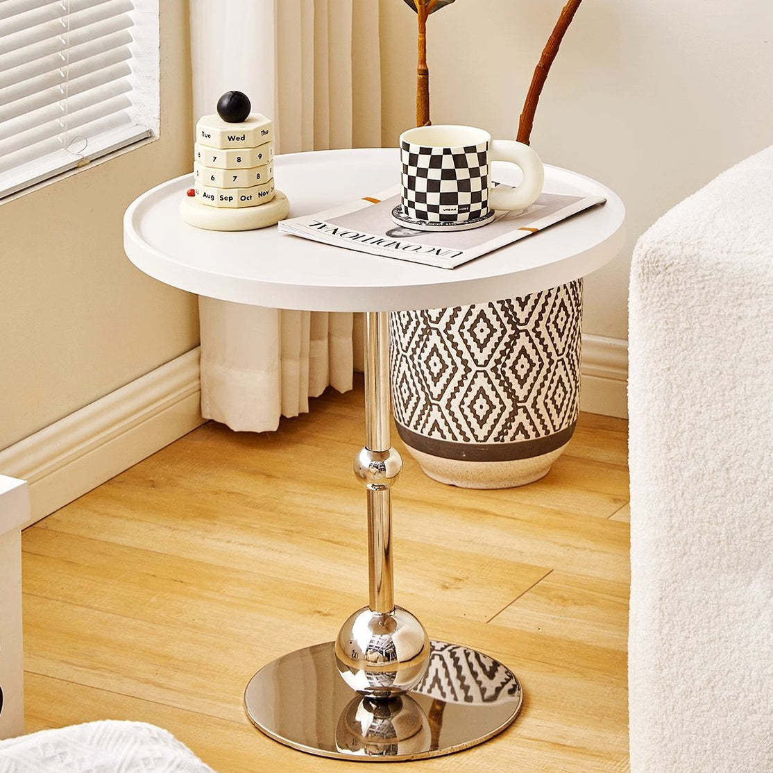 Nordic Glass Top Steel Base End Table — White Table Top + Stainless Steel Base