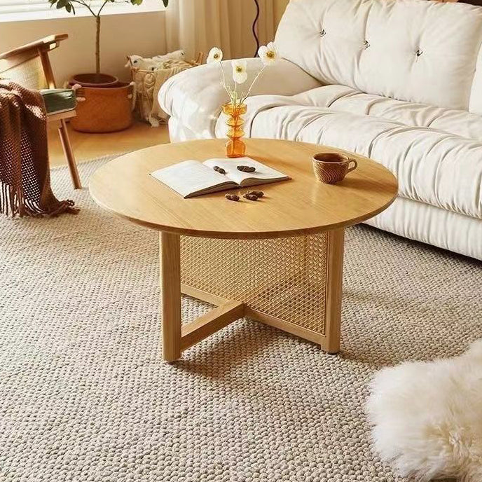Retro Wood Rattan Cross-Leg Coffee Table