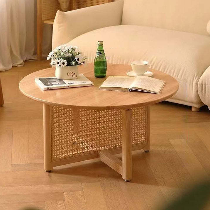 Retro Wood Rattan Cross-Leg Coffee Table