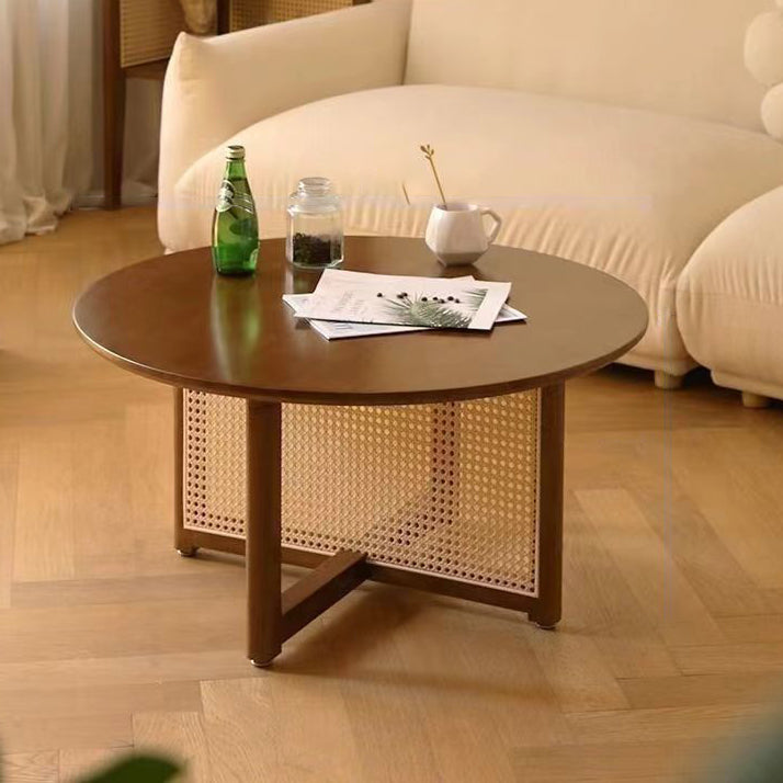 Retro Wood Rattan Cross-Leg Coffee Table — Original Wood Color