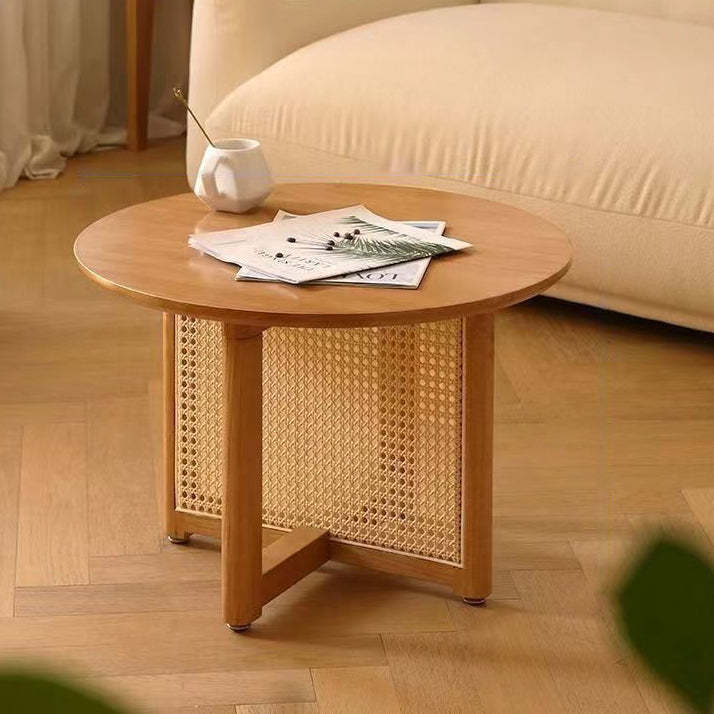 Retro Wood Rattan Cross-Leg Coffee Table — Cherry Wood Color