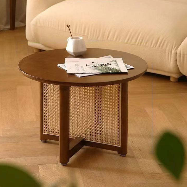 Retro Wood Rattan Cross-Leg Coffee Table