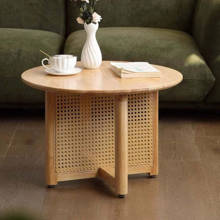 Retro Wood Rattan Cross-Leg Coffee Table