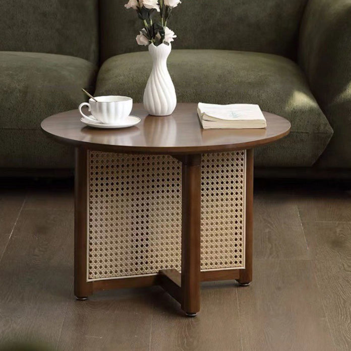 Retro Wood Rattan Cross-Leg Coffee Table