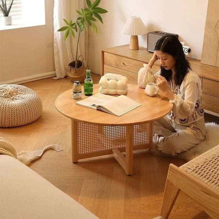 Retro Wood Rattan Cross-Leg Coffee Table