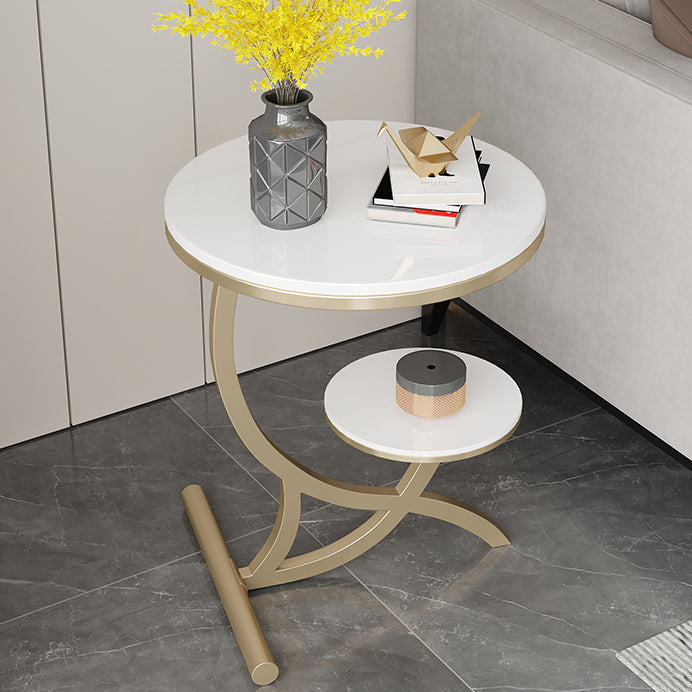 Sintered Stone Arc Metal End Table — White + Gold