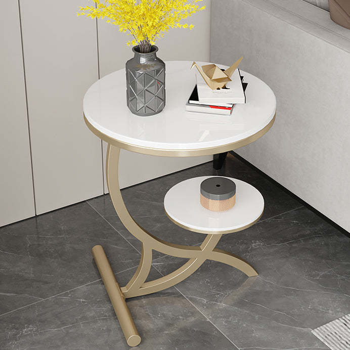 Sintered Stone Arc Metal End Table — White + Gold