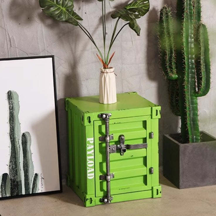 Industrial Iron Container Nightstand 2-Cabinet — Distressed Red