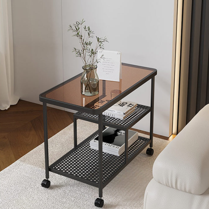 Contemporary Glass Metal 3-Tier Movable End Table — Black Frame + Brown Glass Table Top
