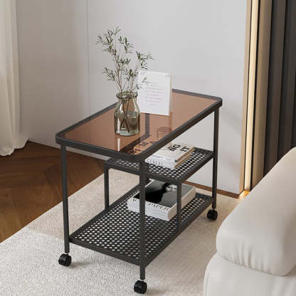 Contemporary Glass Metal 3-Tier Movable End Table — Black Frame + Brown Glass Table Top