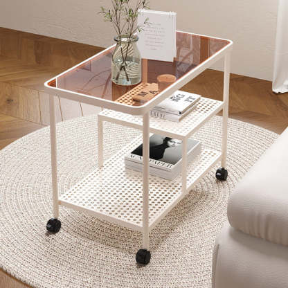 Contemporary Glass Metal 3-Tier Movable End Table — White Frame + Brown Glass Table Top