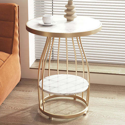 Contemporary Round Engineered Wood Steel 2-Tier End Table — White Frame
