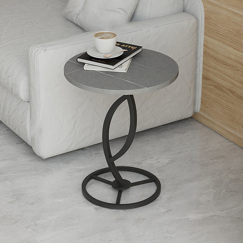 Contemporary Sintered Stone Steel End Table — Black Frame +Snow Mountain White Table Top