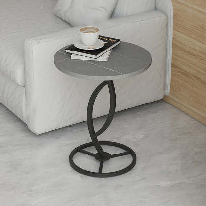 Contemporary Sintered Stone Steel End Table — Black Frame +Snow Mountain White Table Top