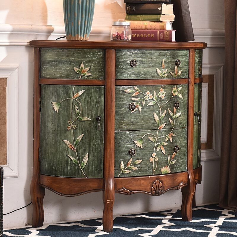 Traditional European Hand-Painted Mediterranean Solid Wood Half-Moon Console Table Storage Cabinet 3-Drawer For Hallway