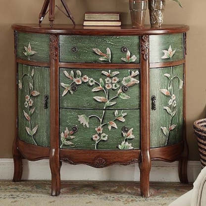 Traditional European Hand-Painted Mediterranean Solid Wood Half-Moon Console Table Storage Cabinet 3-Drawer For Hallway