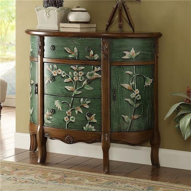 Traditional European Hand-Painted Mediterranean Solid Wood Half-Moon Console Table Storage Cabinet 3-Drawer For Hallway