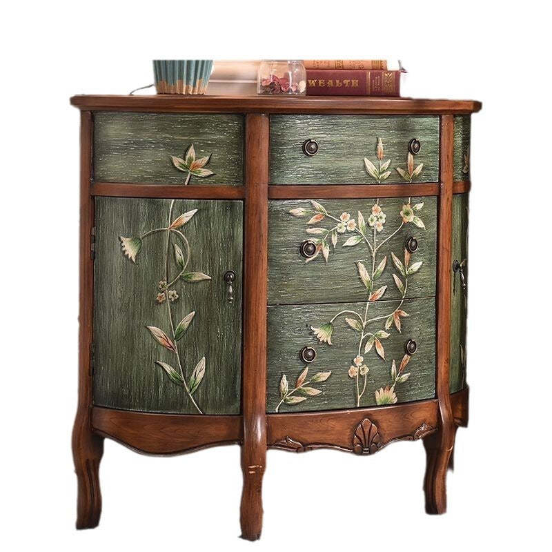 Traditional European Hand-Painted Mediterranean Solid Wood Half-Moon Console Table Storage Cabinet 3-Drawer For Hallway