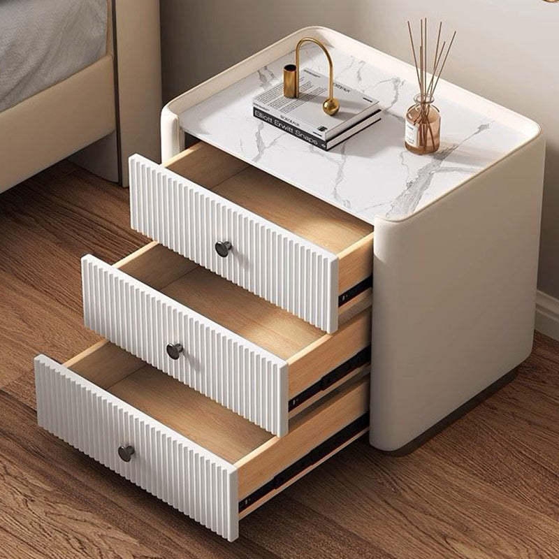 Nordic Sintered Stone Solid Wood Leather 3-Drawer Nightstand — Orange