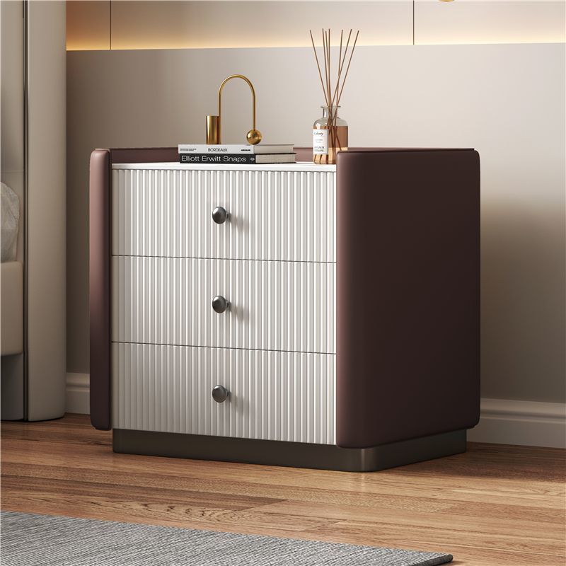 Nordic Sintered Stone Solid Wood Leather 3-Drawer Nightstand — Pure White