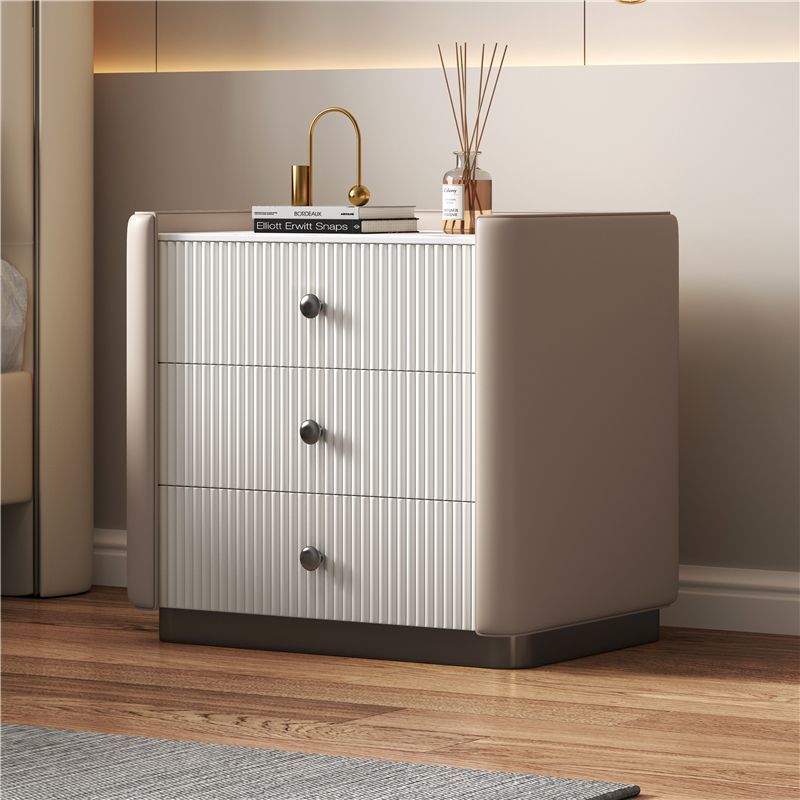 Nordic Sintered Stone Solid Wood Leather 3-Drawer Nightstand — Khaki