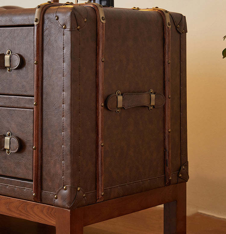 Retro Leather Wood 2-Drawer Nightstand