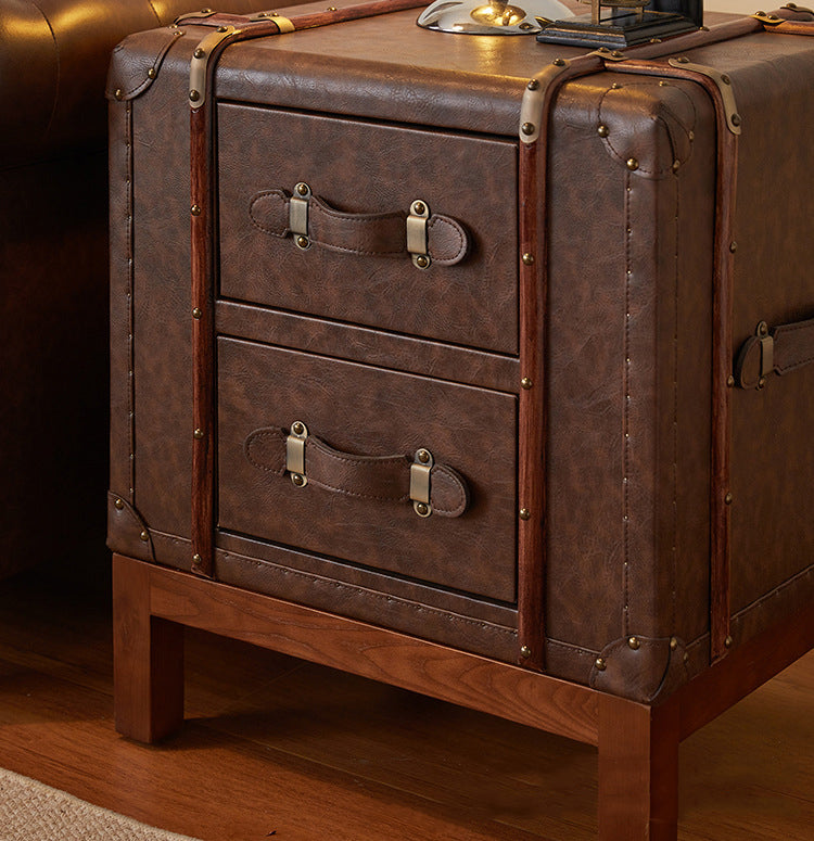 Retro Leather Wood 2-Drawer Nightstand