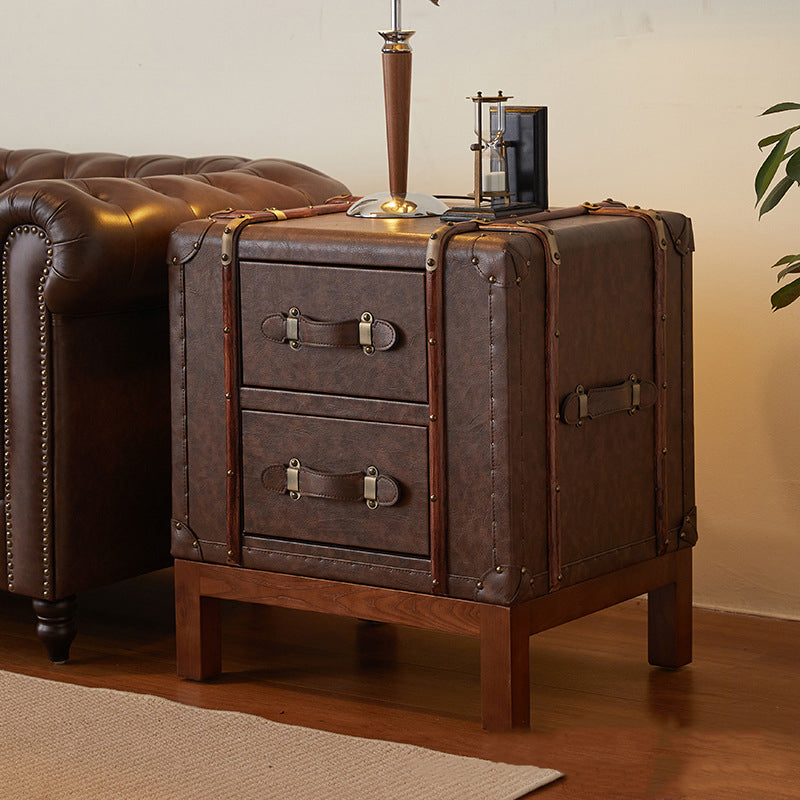 Retro Leather Wood 2-Drawer Nightstand — Wood Color