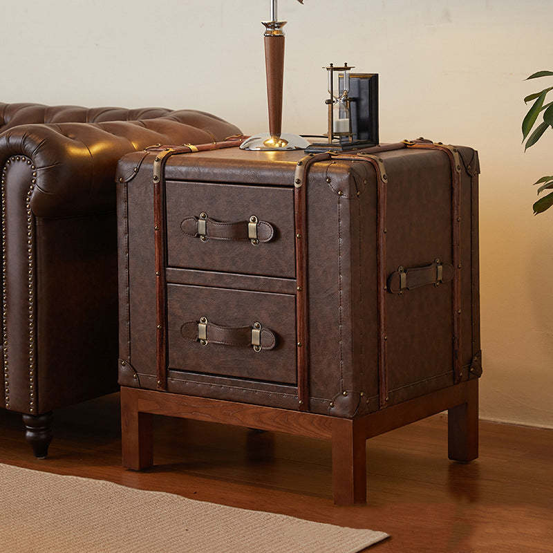Retro Leather Wood 2-Drawer Nightstand — Wood Color