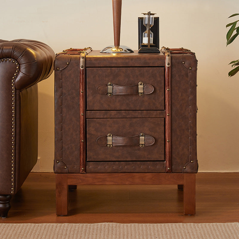 Retro Leather Wood 2-Drawer Nightstand