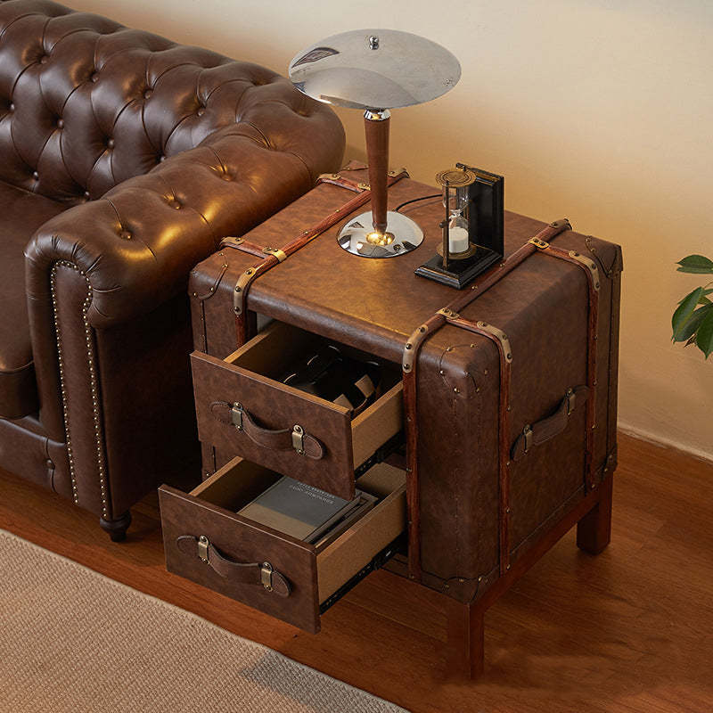Retro Leather Wood 2-Drawer Nightstand