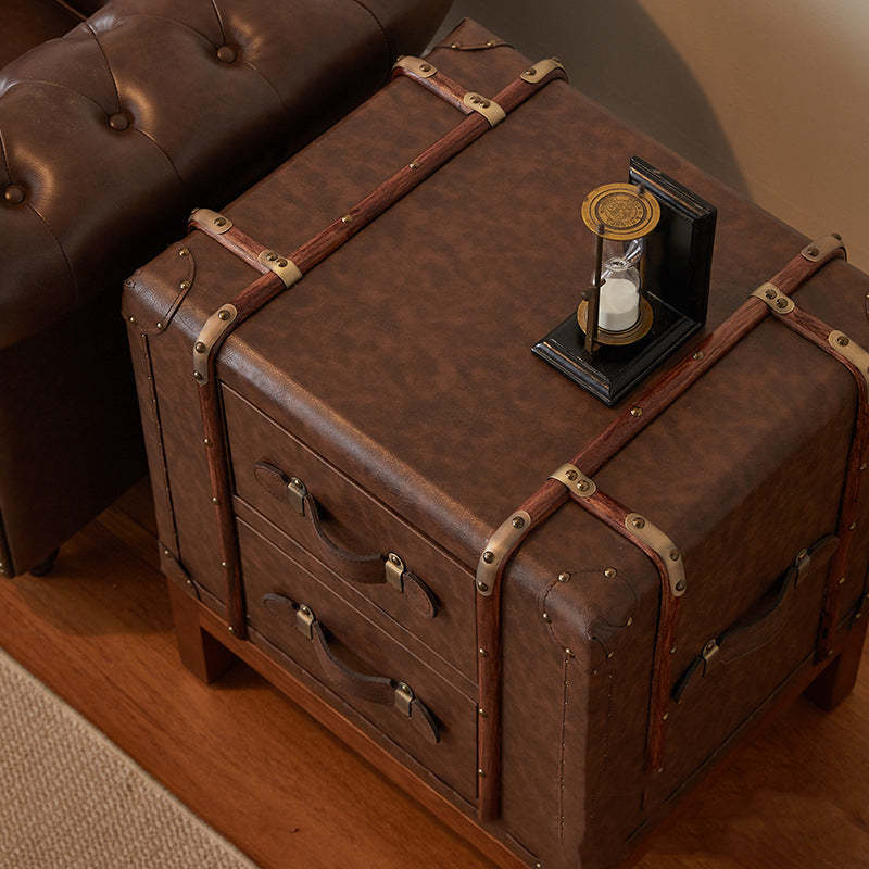 Retro Leather Wood 2-Drawer Nightstand