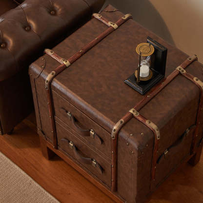 Retro Leather Wood 2-Drawer Nightstand