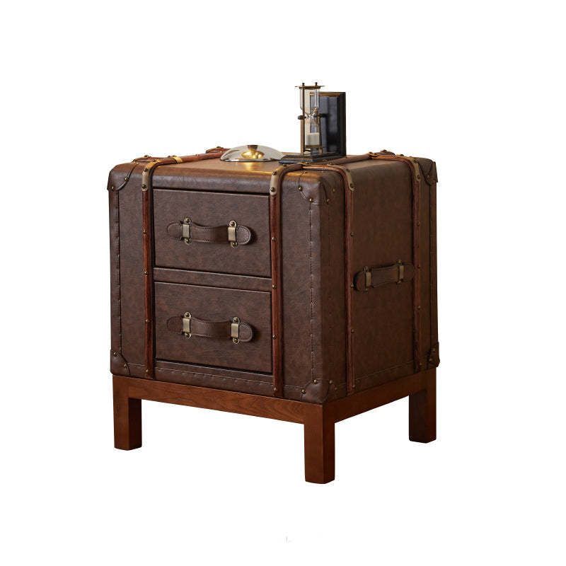Retro Leather Wood 2-Drawer Nightstand