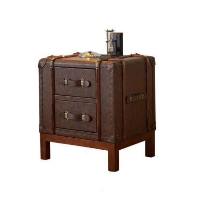 Retro Leather Wood 2-Drawer Nightstand
