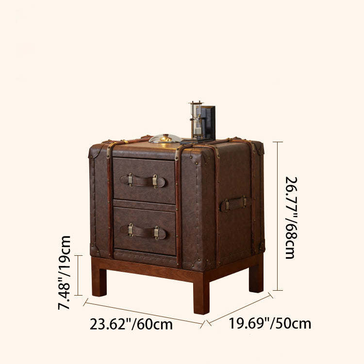 Retro Leather Wood 2-Drawer Nightstand