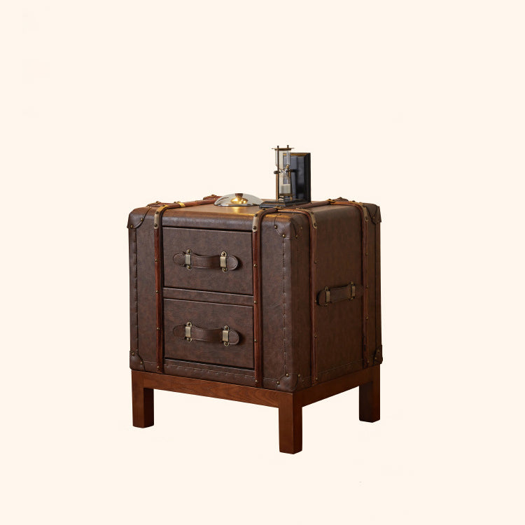 Retro Leather Wood 2-Drawer Nightstand