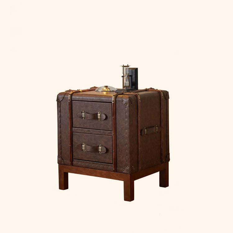 Retro Leather Wood 2-Drawer Nightstand