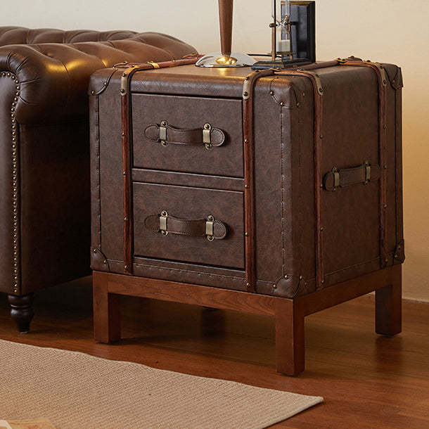 Retro Leather Wood 2-Drawer Nightstand