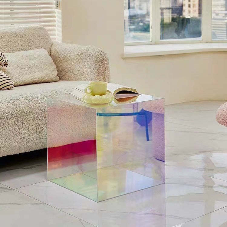 Minimalist Acrylic Mirror Cube End Table — Chrome