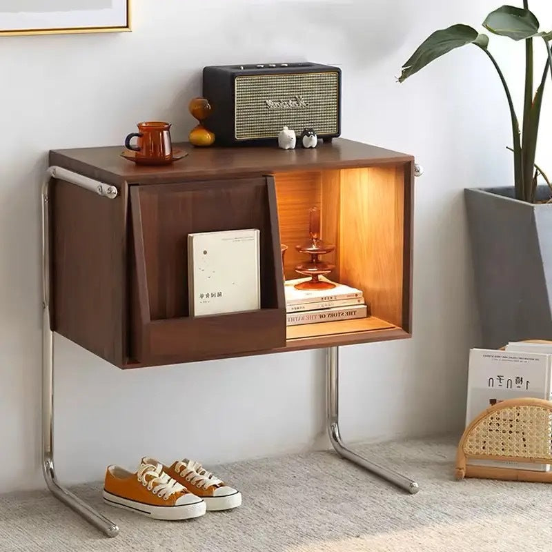 Japanese Solid Wood End Table with Storage Cabinet — Black